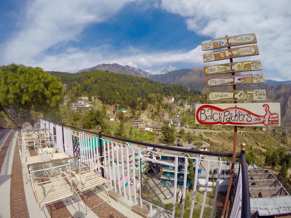 The iconic Backpackers Inn signboard on the rooftop terrace with mountains behind it